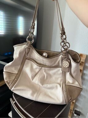 Coach Two-Tone Cream and Taupe Leather Hobo Shoulder Bag
